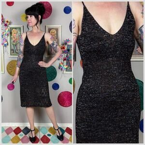 Vintage Y2K Brown Lurex Pointelle Knit Midi Sweater Dress